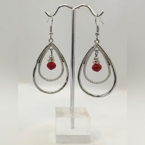 SILVERTONE DOUBLE TEARDROP BEAD CHARM RED LONG DANGLING EARRINGS PIERCED